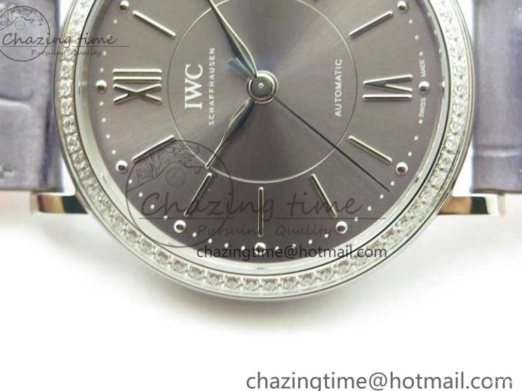 MIROTIME 0510 Attractive Portofino 37mm SS V7F 1:1 Best Edition Gray Dial Diamonds Bezel on Gray Leather Strap A 7091